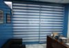 Blue combi blinds with color coordinated valence
