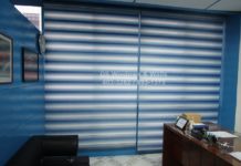 Blue combi blinds with color coordinated valence
