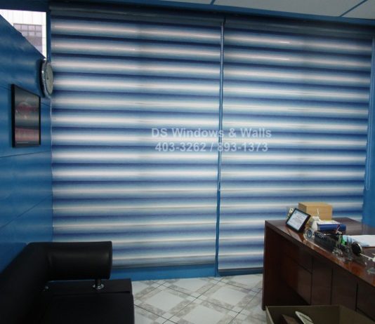 Blue combi blinds with color coordinated valence