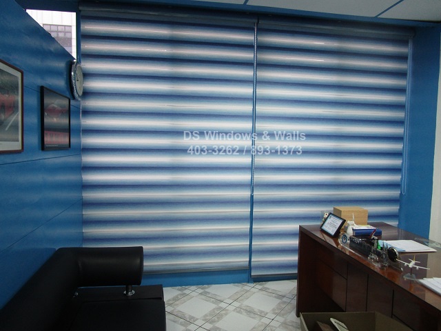 Blue combi blinds with color coordinated valence